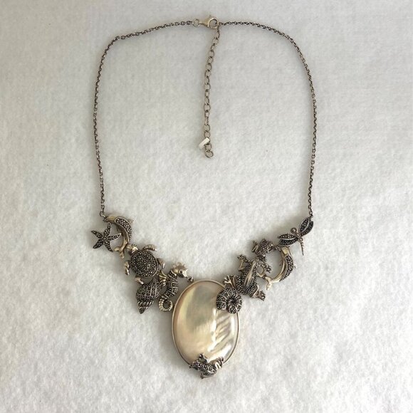 Sterling Silver 925 MOP Marcasite Sea Life Shell Panel Necklace & Earring Set - Picture 16 of 16